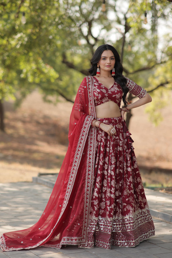 Festive Wear Maroon Color Embroidered Work Lehenga Choli