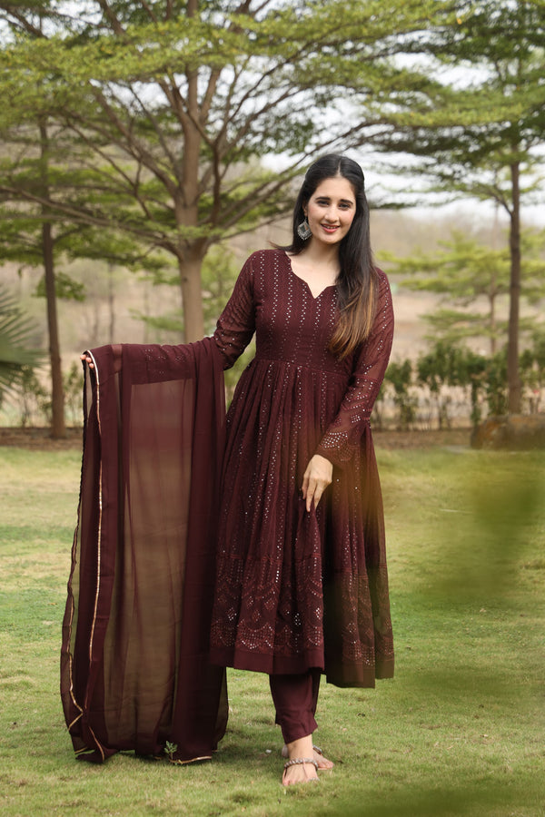 Derry's Beautiful Coffe Color Georgette With All Over Embroidery Work Designer Anarkali Suit