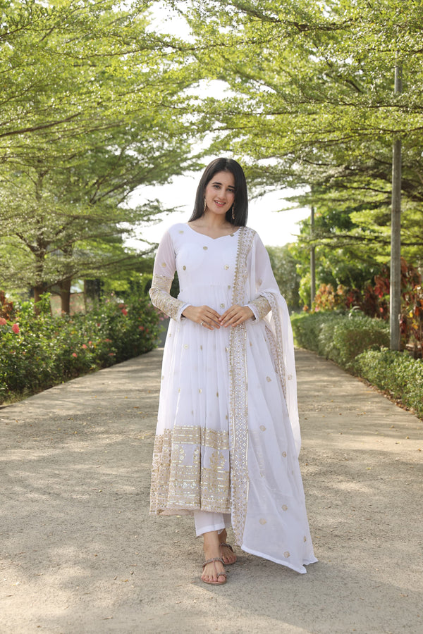Manvi's White Color Georgette Fabric With All Over Multi Embroidery Work Anarkali Suit