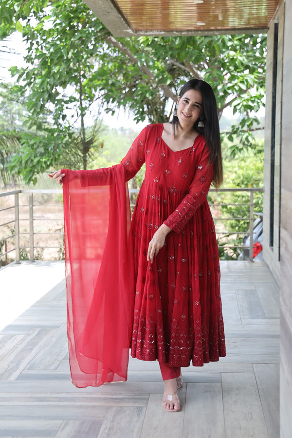 Rukmani's Maroon Color Georgette Fabric With All Over Multi Embroidery Work Designer Anarkali Suit