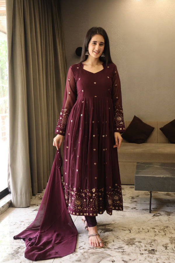 Vibhuti's Wine Color Georgette With All Over Multi Embroidery Work Beautiful Anarkali Suit