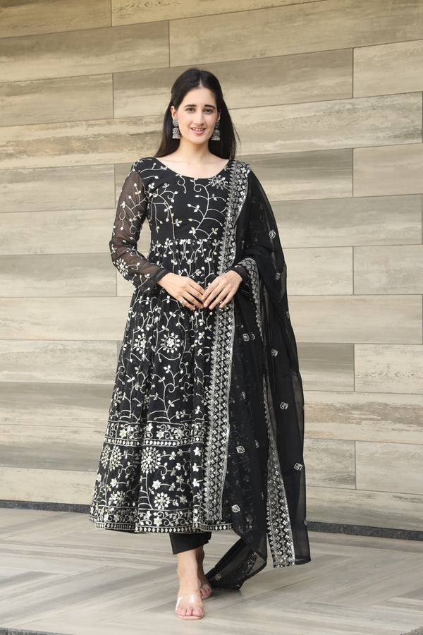 Damini's Black Color Georgette With All Over Embroidery Work Designer Anarkali Suit
