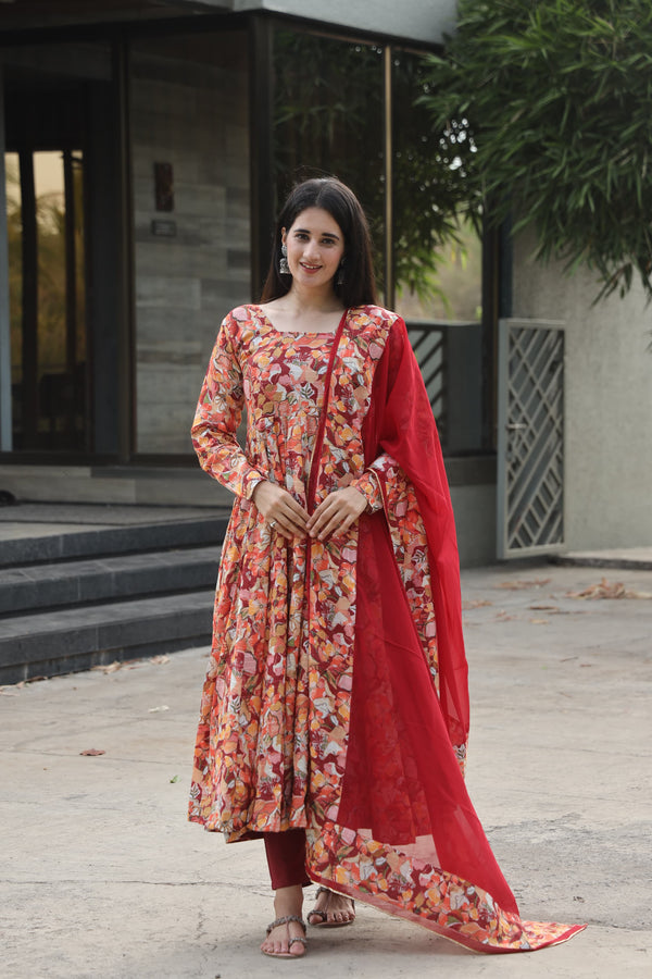 Charmi's Multi Color Muslin Crosed Embroidery With Digital Printed Beautiful Anarkali Suit