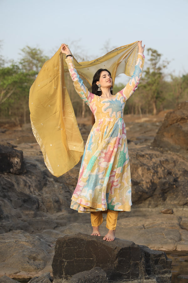 Zaira Multi Color Organza Hand Print Foil Work Beautiful Anarkali Suit