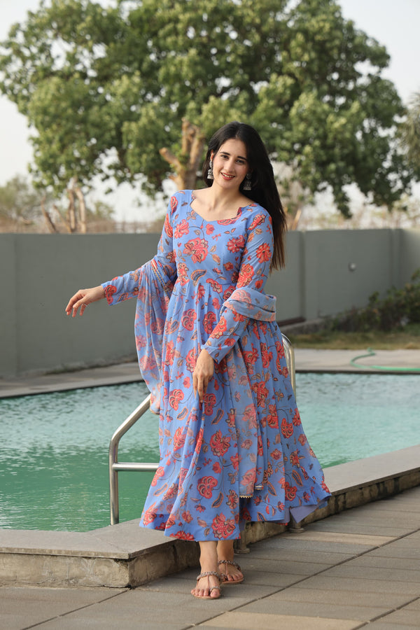 Chandani's Sky Color Georgette With Heavy Digital Printed Beautiful Anarkali Suit
