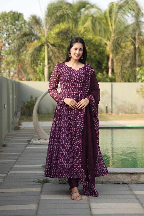 Party Wear Wine Anarkali Kurta Set With Georgette Dupatta & Micro Cotton Pants
