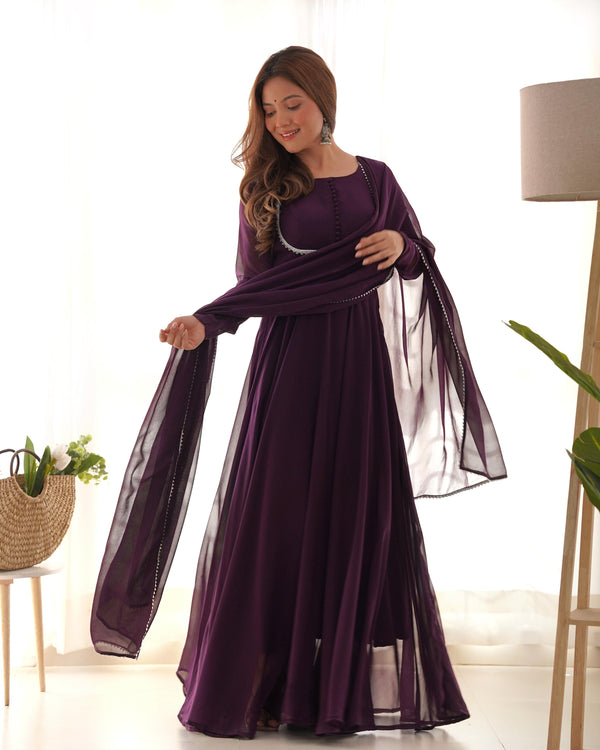 Beautiful Purple Georgette Festival Wear Gown With Dupatta