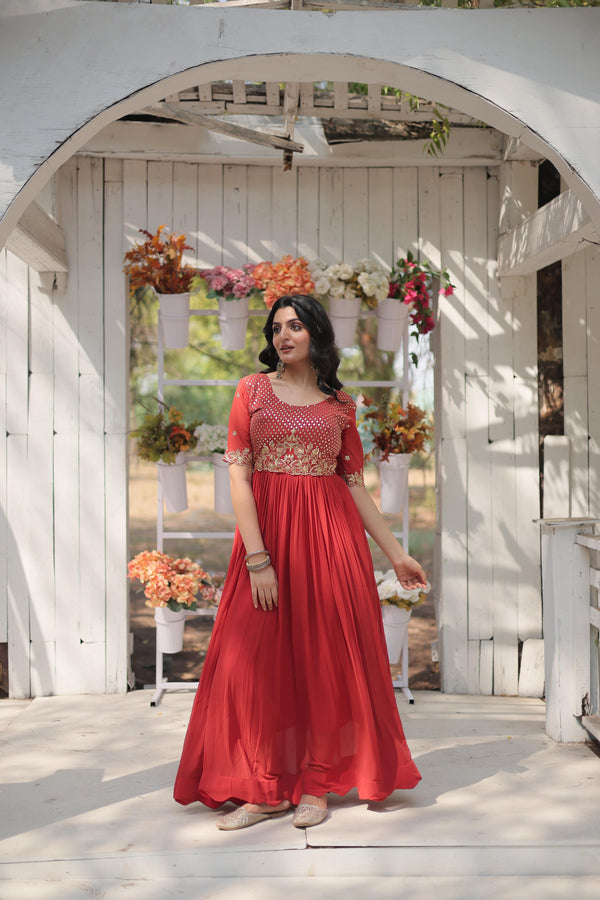 Festive Wear Faux Blooming Orange Embroidery Work Readymade Designer Gown