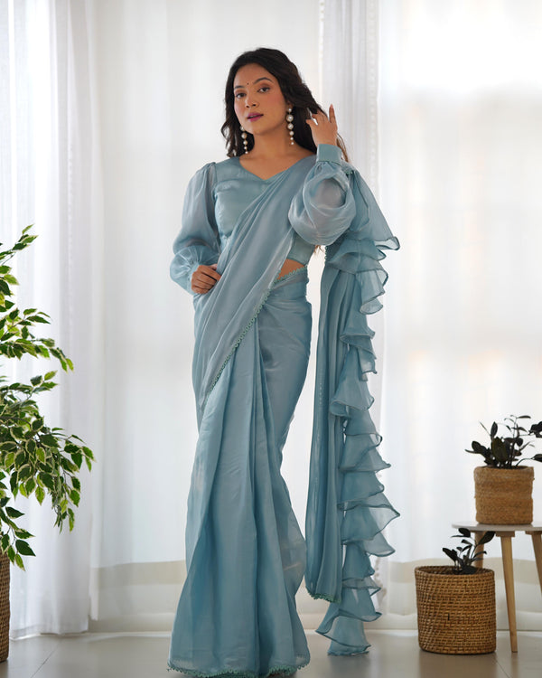 Beautiful Sky Blue Organza Ready To Wear Saree With Stich Blouse
