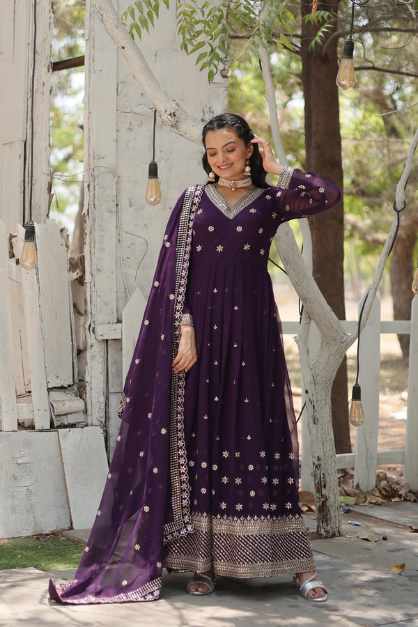 Designer Wine Color Beautiful Sequins Embroidered Work Gown WIth Dupatta