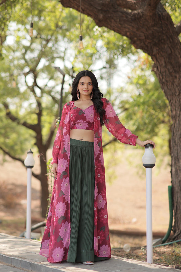 Festive Wear Green Color Lehenga With Pink Flower Print Blouse and Shrug