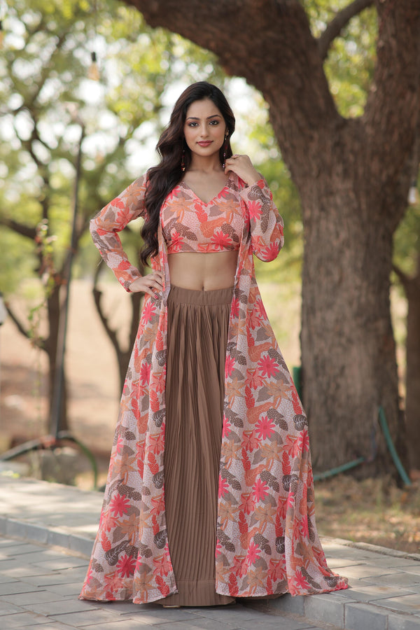Wedding Wear Beige Lehenga With Peach Flower Print Blouse and Shrug