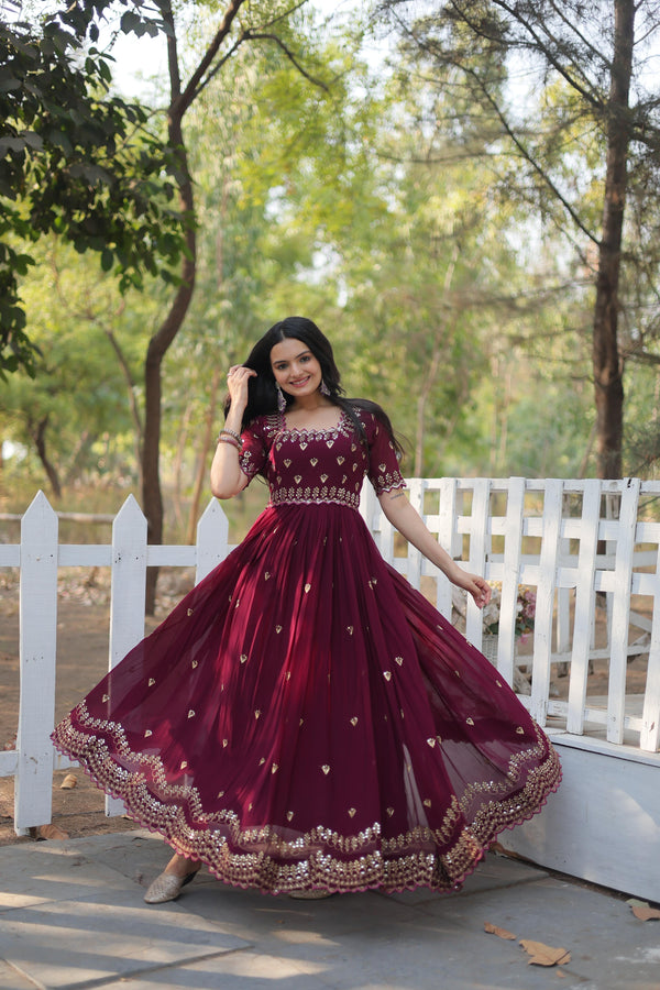 Brown Color Zari Thread Sequins Worked Fully Stitched Designer Gown