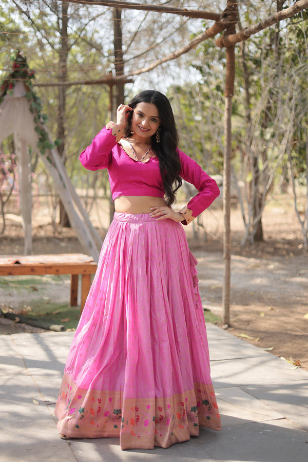 Wedding Wear Special Pink Color Viscose Jacquard With Kalamkari Jari Border Designer Lehenga