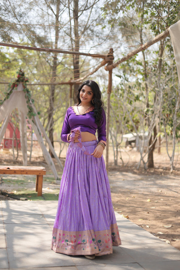 Wedding Wear Lavender Color Viscose Jacquard With Kalamkari Jari Border Designer Lehenga