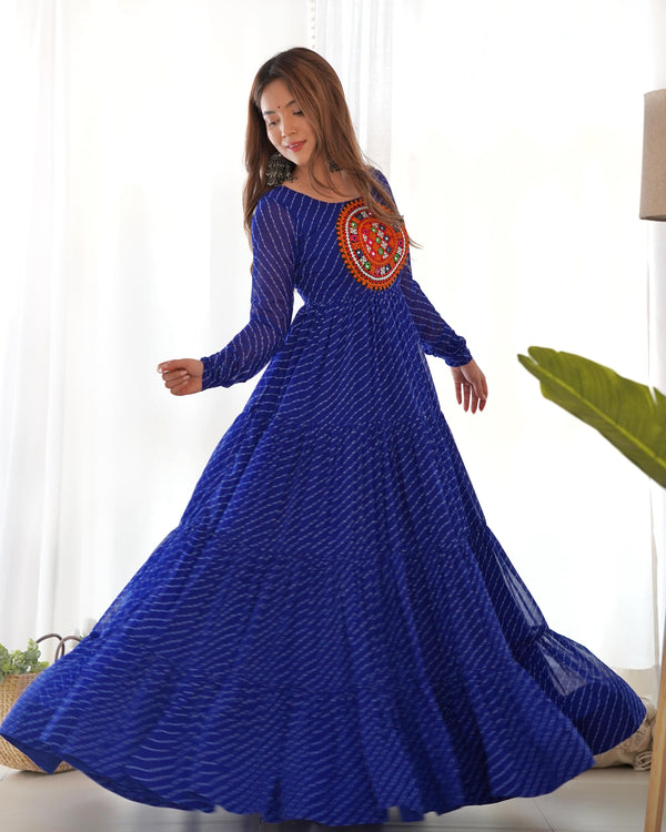 Navratri Wear Royal Blue Color Heavy Pure Georgette Laheriya Print Anarkali Gown