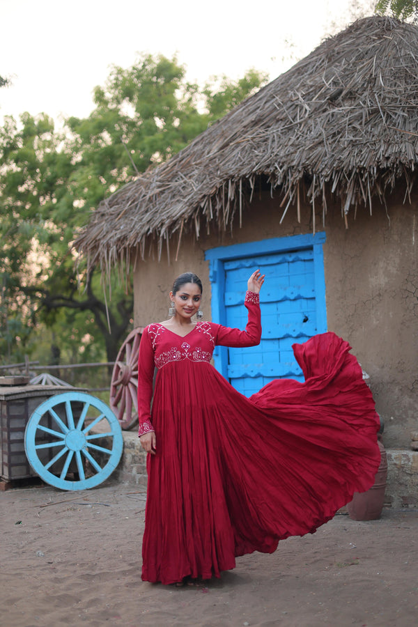 Dark Pink Color Real Mirror Work Designer Gown