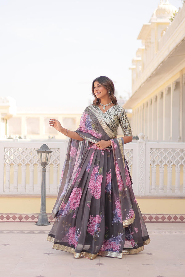 Wedding Wear Grey Color Digital Printed Russian Silk With Sequins Embroidered Work Lehenga Choli