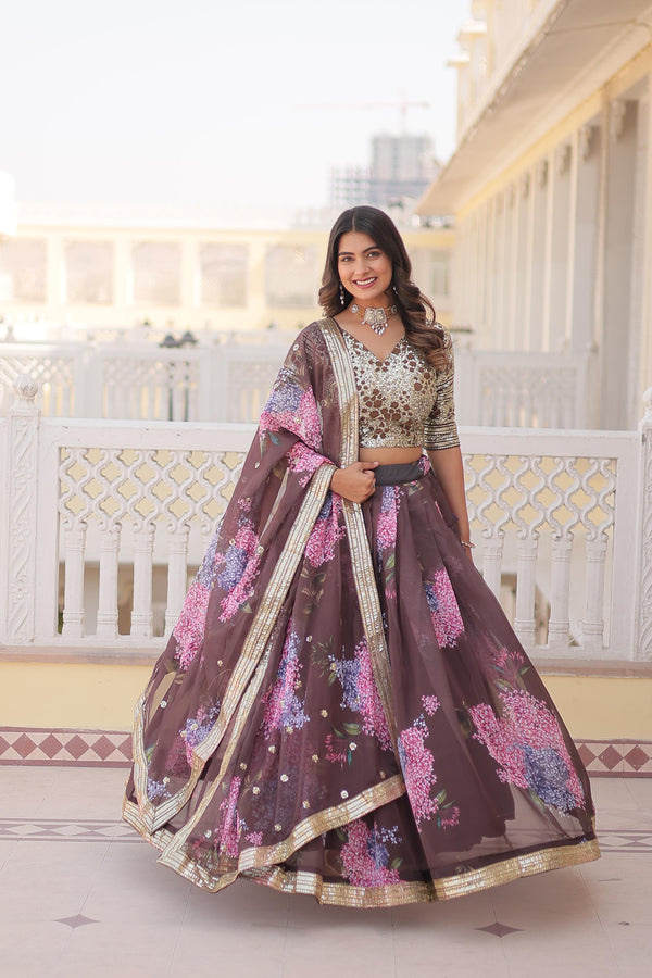 Wedding Wear Coffee Color Digital Printed Russian Silk With Sequins Embroidered Work Lehenga Choli