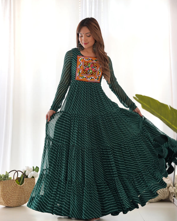 Navratri Wear Green Color Heavy Pure Georgette Laheriya Print Anarkali Gown