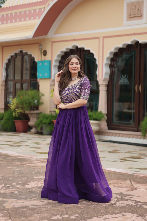 Purple Color Sequence Embroidery Work Designer Gown