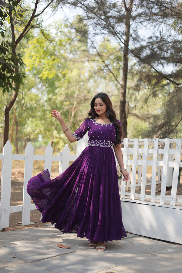 Beautiful Purple Color Embroidery Work Designer Anarkali Gown