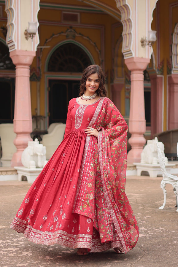 Wedding Wear Red Color Chinon With Rich Sequence Embroidered Work Designer Gown