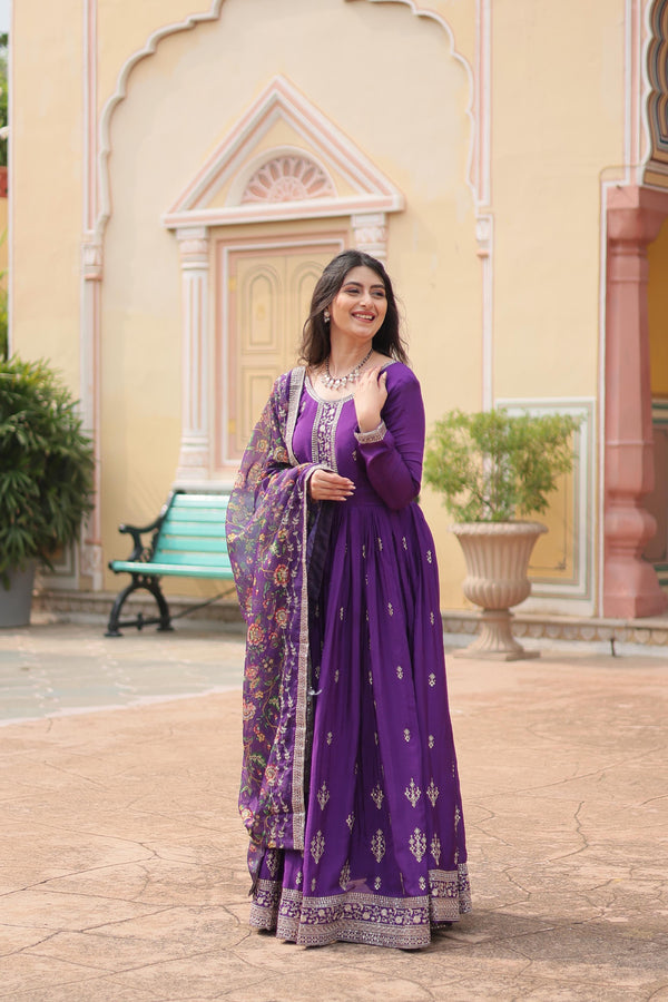 Wedding Wear Purple Color Chinon With Rich Sequence Embroidered Work Designer Gown