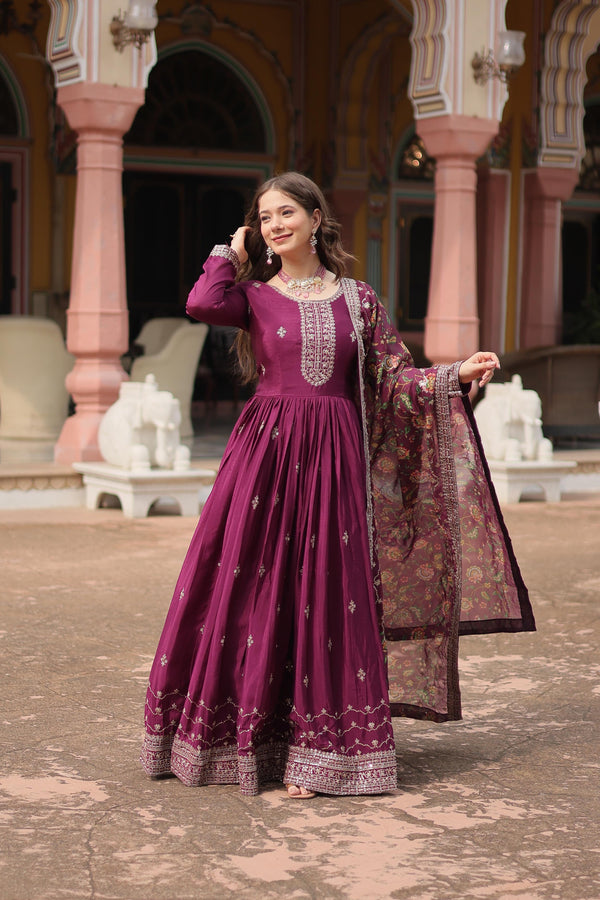 Wedding Wear Wine Color Chinon With Rich Sequence Embroidered Work Designer Gown