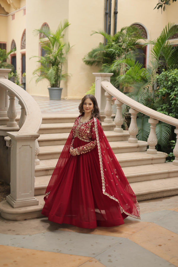 Wedding Wear Maroon Color Faux Blooming With Sequence Multi Zari Embroidered Work Designer Gown