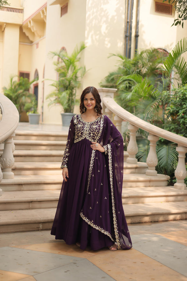 Wedding Wear Wine Color Faux Blooming With Sequence Multi Zari Embroidered Work Designer Gown