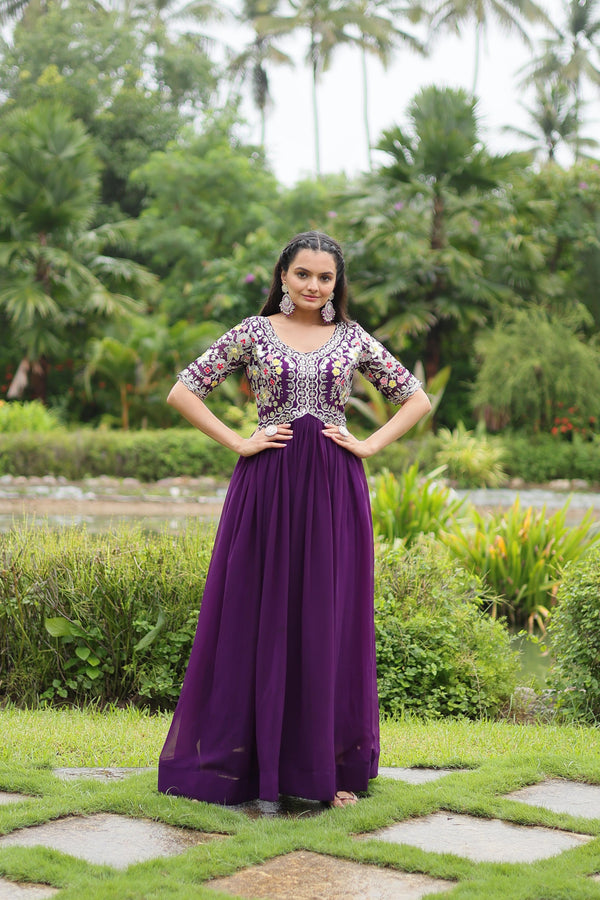 Party Wear Purple Color Embroidery Zari Sequence Work Designer Gown