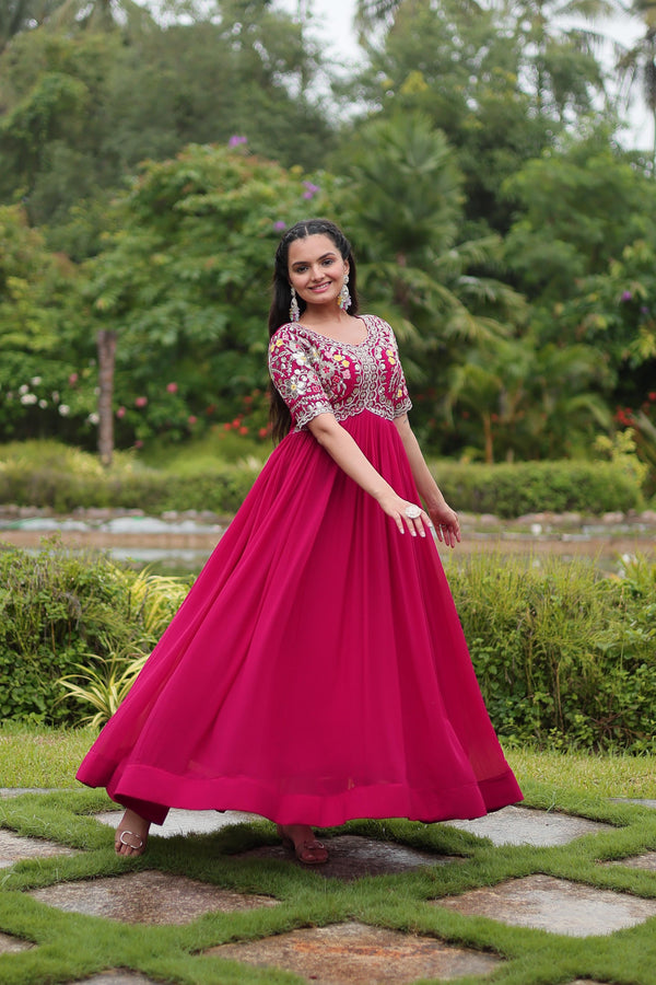 Party Wear Pink Color Embroidery Zari Sequence Work Designer Gown