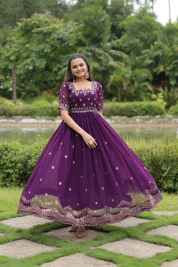 Classic Purple Color Embroidery Zari Sequins Work Designer Gown