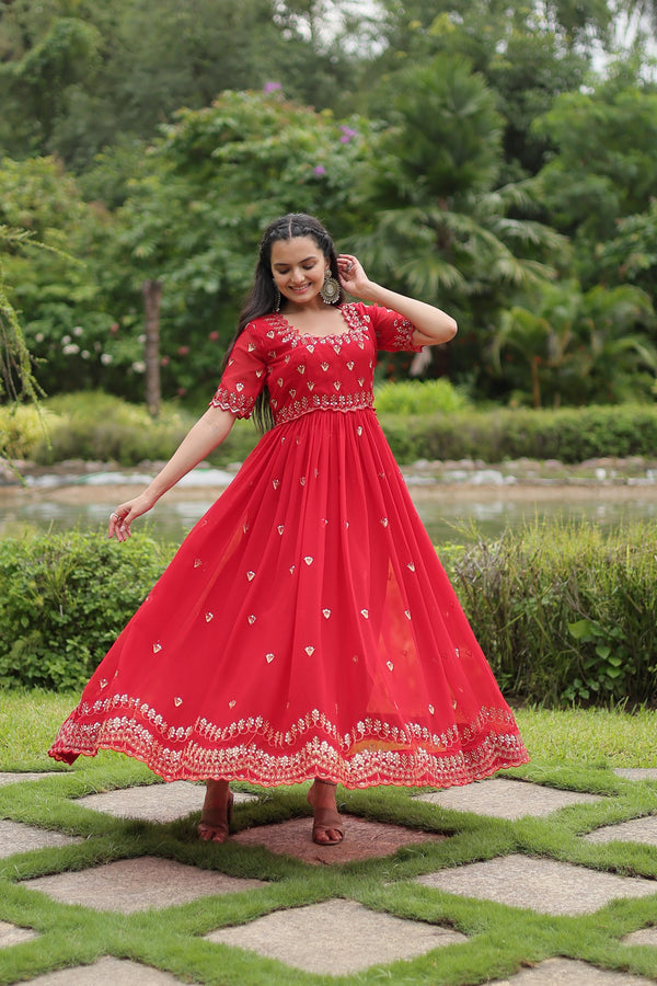 Fabulous Red Color Embroidery Work Designer Gown