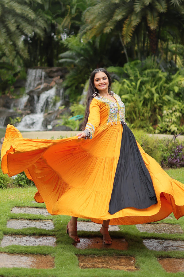 Elegant Yellow Color Kutchi Gamthi Work 12 Meter Flair Designer Navratri Gown