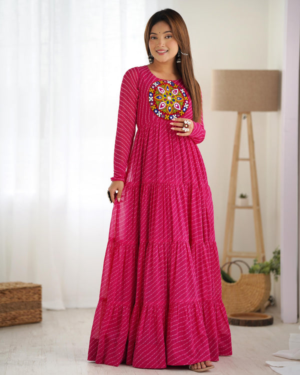 Navratri Wear Pink Color Heavy Pure Georgette Laheriya Print Anarkali Gown