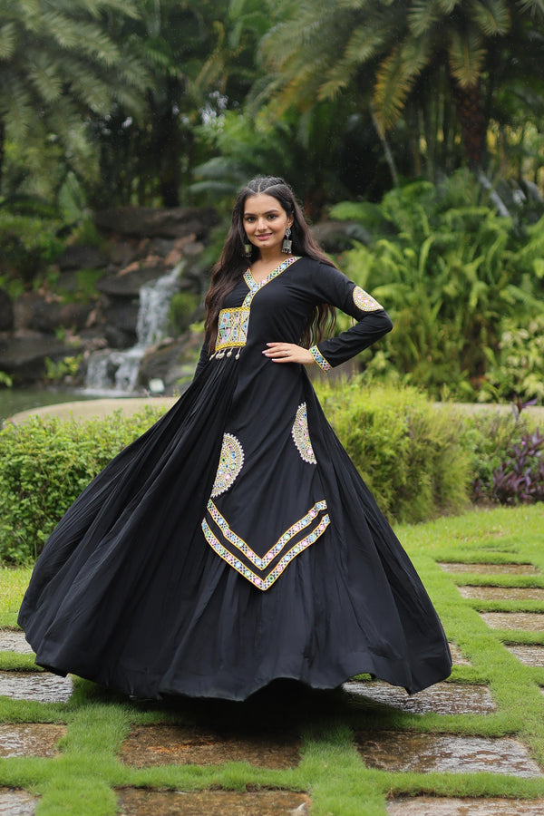 Festive Wear Black Color Rayon With Kutchi Gamthi Lace Work Navratri Special Designer Gown