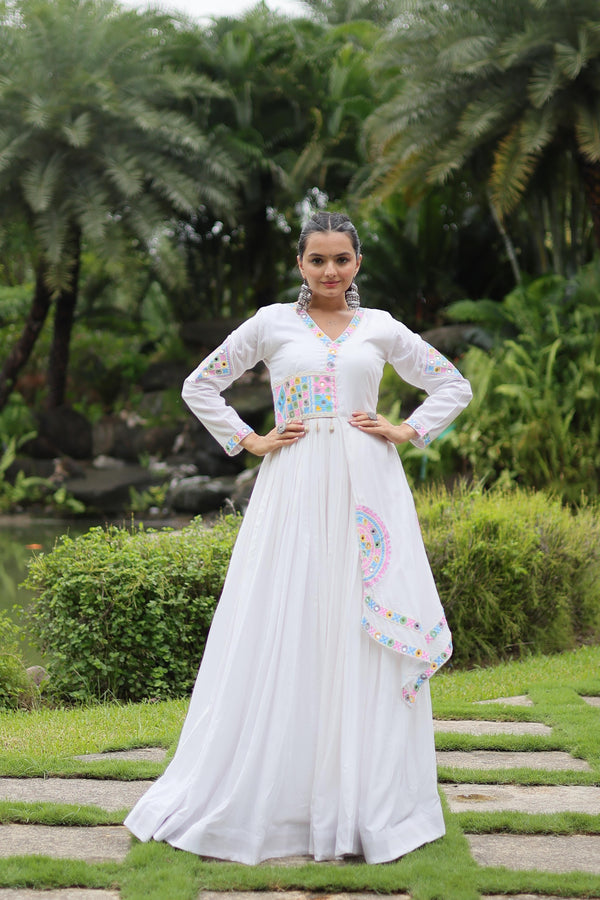 Festive Wear White Color Rayon With Kutchi Gamthi Lace Work Navratri Special Designer Gown