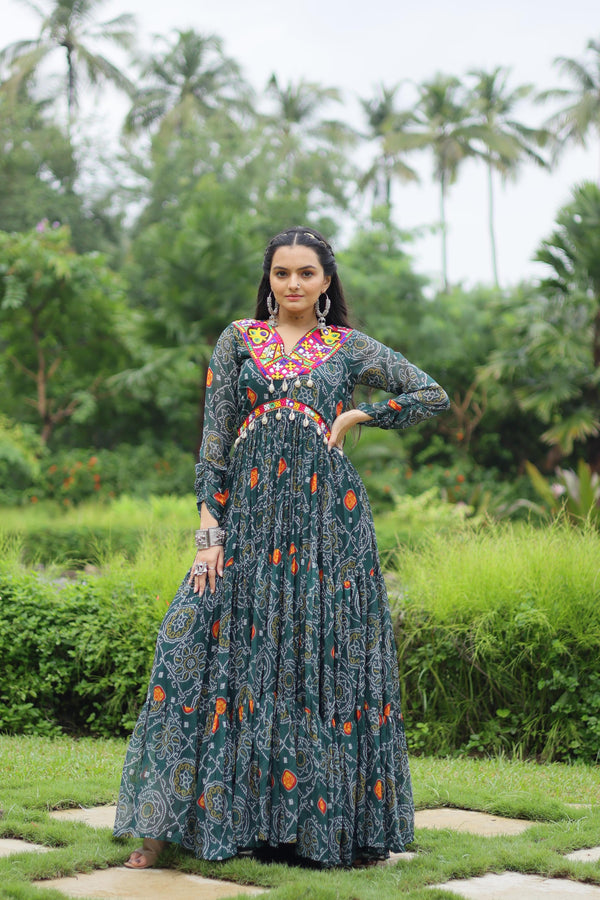 Teal Green Color Bandhani Print Work With Kutchi Patchwork Designer Navratri Gown