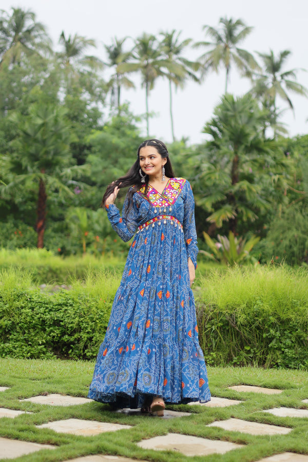 Sky Blue Color Bandhani Print Work With Kutchi Patchwork Designer Navratri Gown