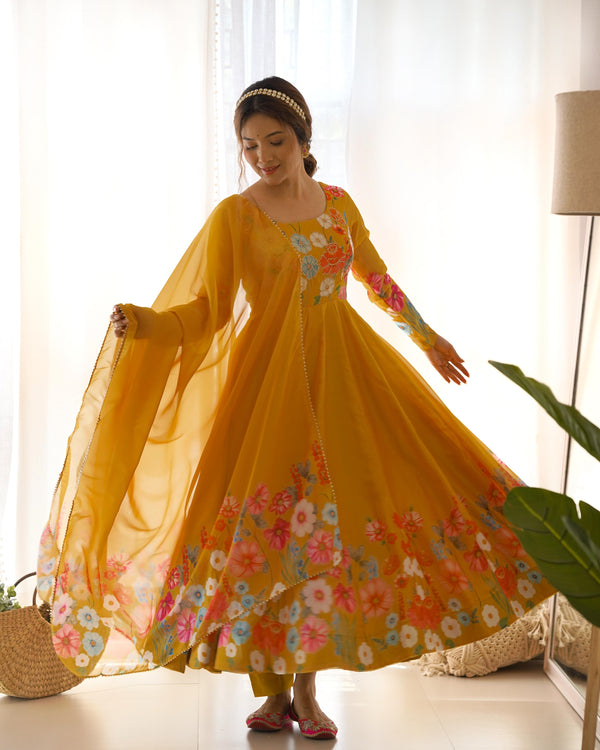 Wedding Wear Heavy Pure Soft Organza Silk Print Multi Flower Print Mustard Color Anarkali Suit