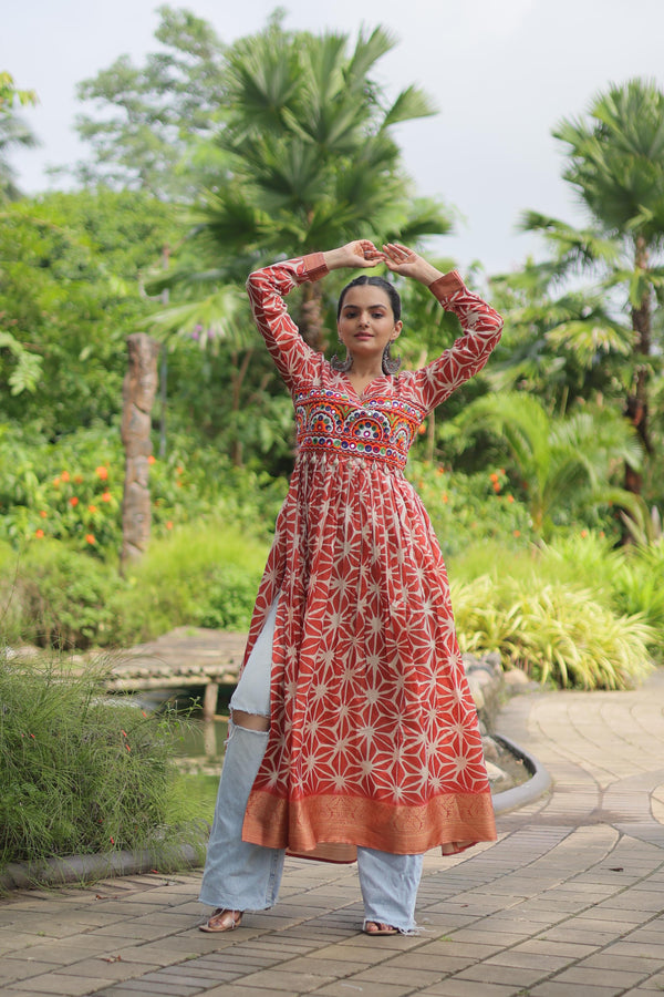 Printed With Kutchi Gamthi Work Orange Color Navratri Kurti