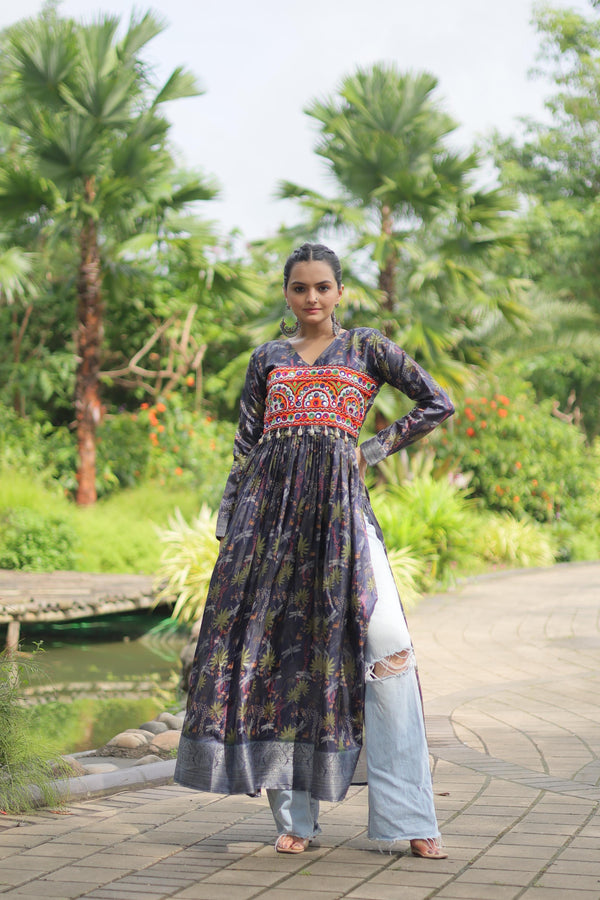 Printed With Kutchi Gamthi Work Multi Color Navratri Kurti