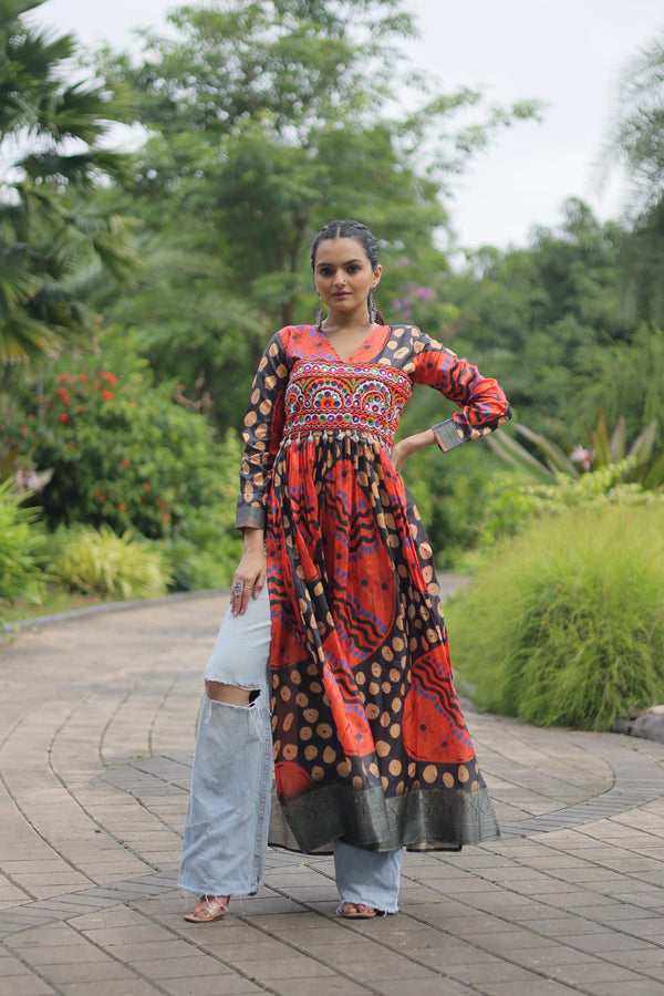 Printed With Kutchi Gamthi Work Red Color Navratri Kurti
