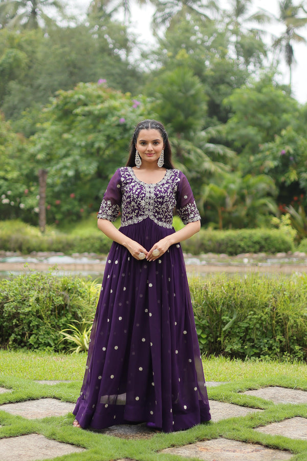 Party Wear Purple Color Embroidery Sequin Work Designer Gown