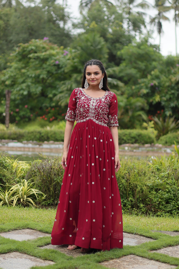 Wedding Wear Maroon Color Embroidery Sequin Work Designer Gown