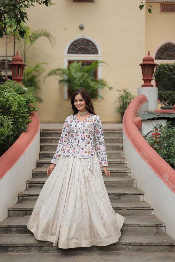 Beautiful Off White Co-Ord Set With Thread Sequins Embroidered Work Lehenga Choli