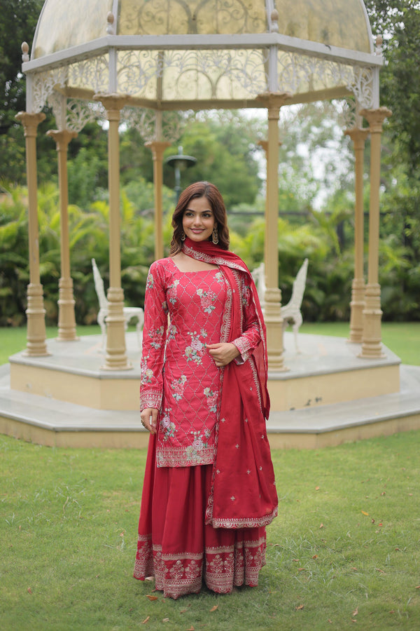 Wedding Wear Red Color Printed Embroidered Work Designer Palazzo Suit