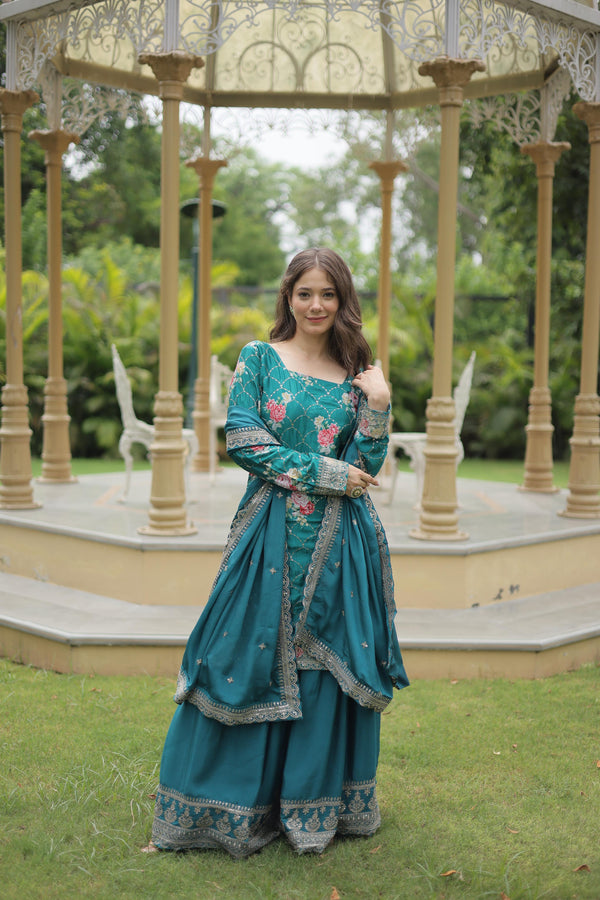 Wedding Wear Teal Color Printed Embroidered Work Designer Palazzo Suit